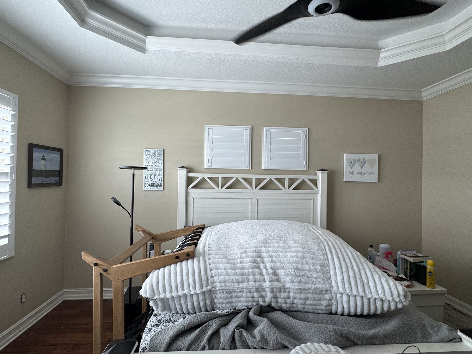 Bedroom with warm greige walls, white crown molding, and a tray ceiling